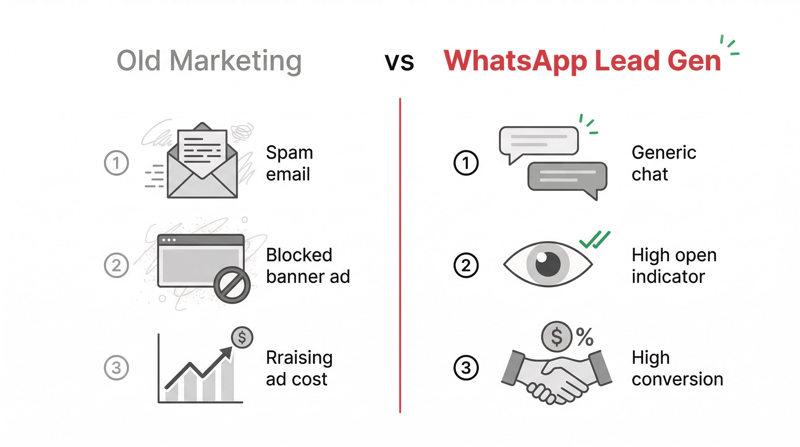Split-screen showing old lead gen pain vs WhatsApp lead gen chat speed with minimal icons.